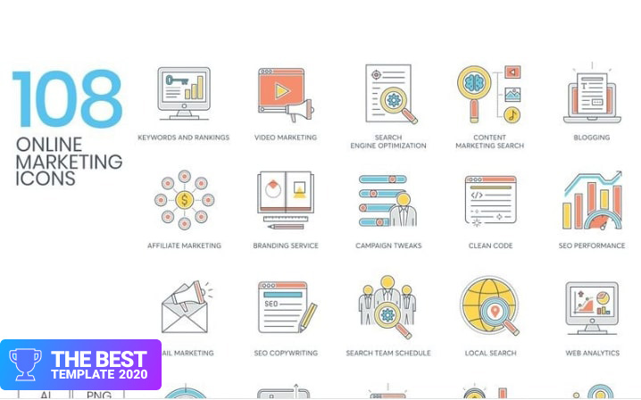 108 Online Marketing Icons - Color Line Series Iconset Template.