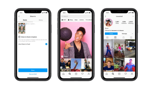 three phone screens showing how to upload a reel to instagram and where it lives on your feed