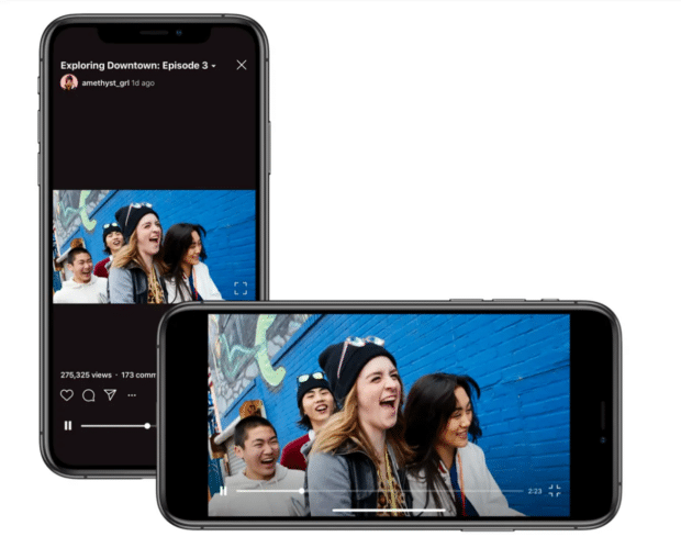 two phone screens showing how to view a horizontal instagram video