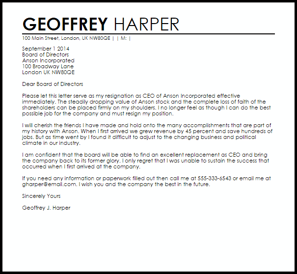 resignation letter example: executive ceo