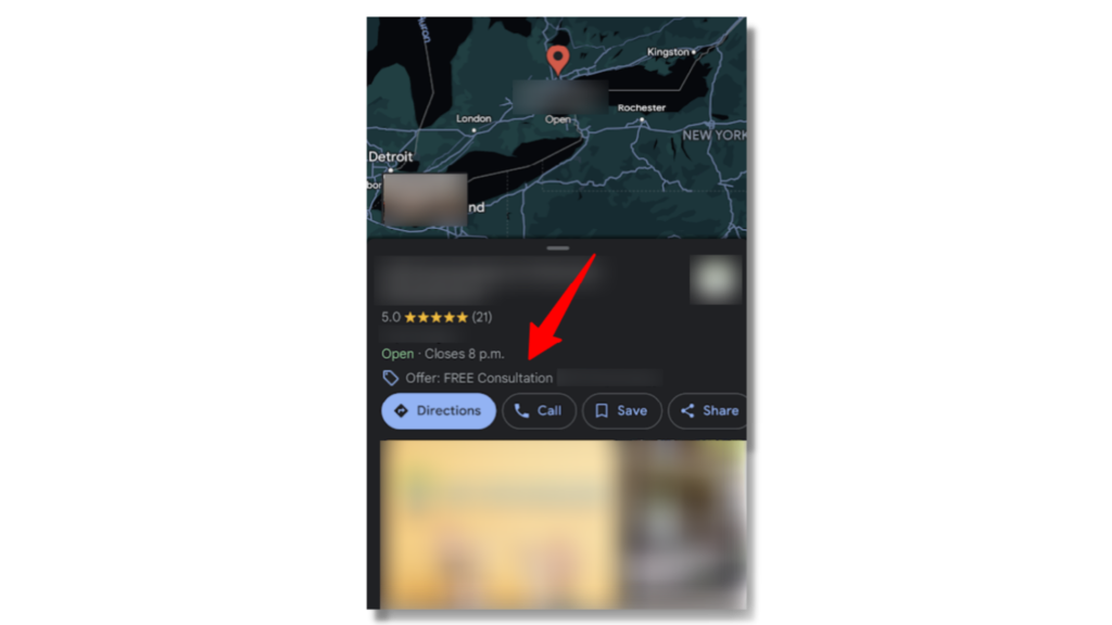Screenshot of the a Google Business Profile in the Maps App, showing a section that reads "Offer".