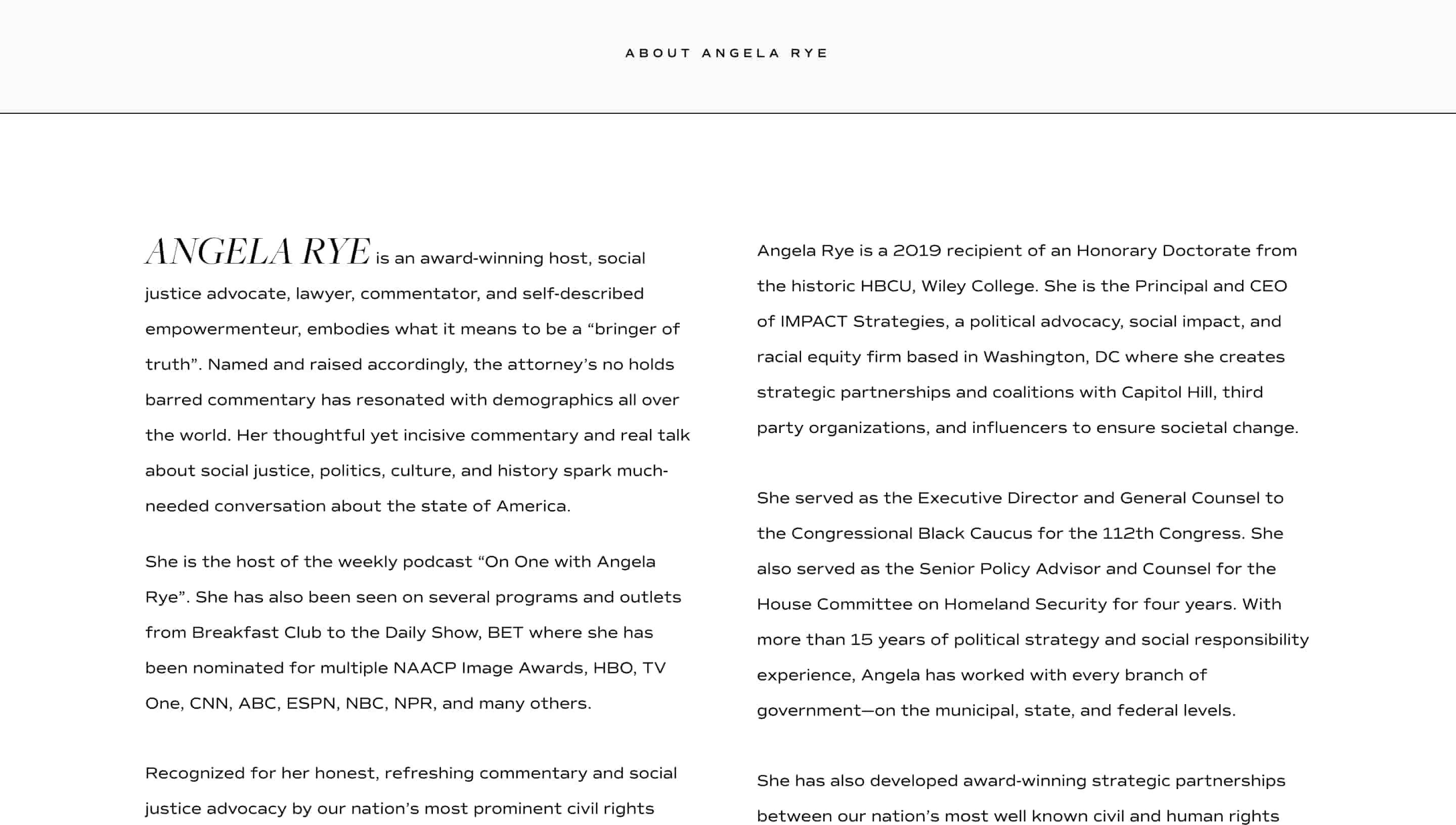 Long professional bio example of Angela Rye on their personal website 