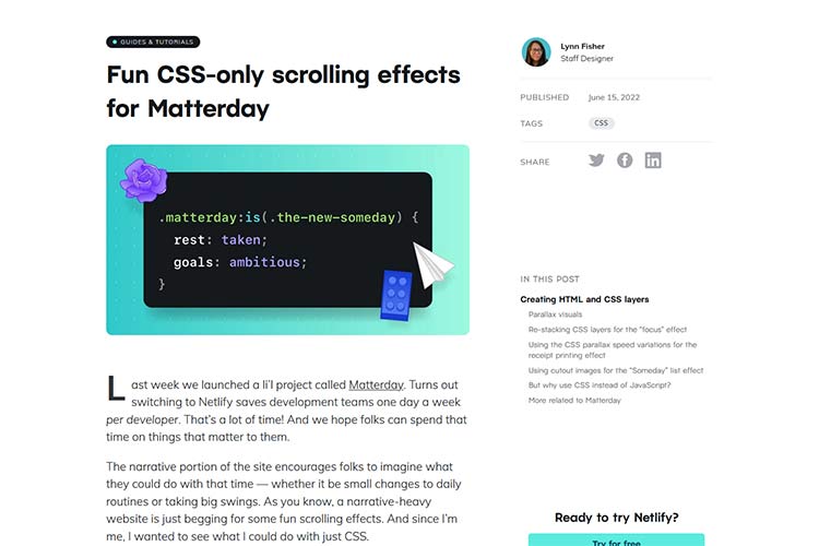 Example from Fun CSS-only scrolling effects for Matterday