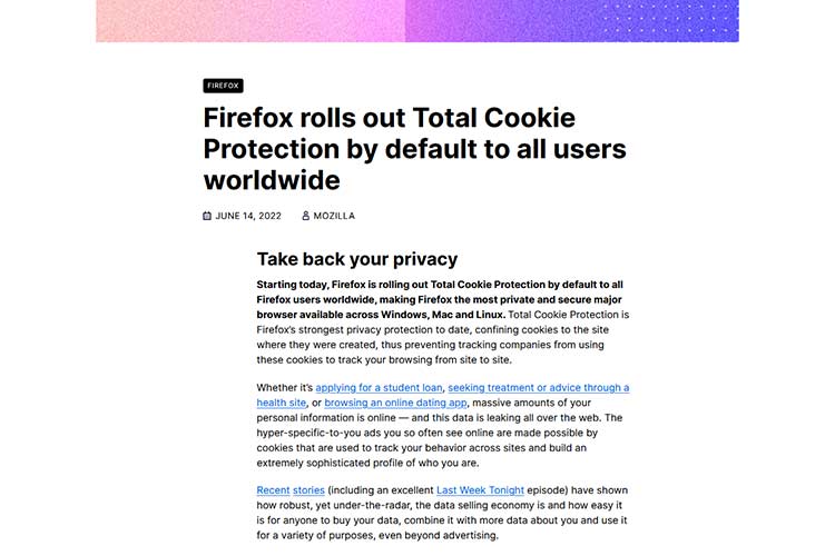 Example from Firefox rolls out Total Cookie Protection by default to all users worldwide