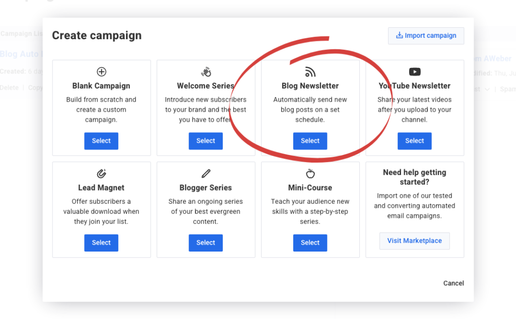 Select Blog Newsletter in AWeber Account to start an Auto Newsletter