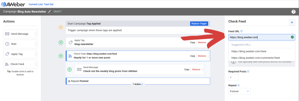 Adding feed URL for Auto Newsletter in AWeber account