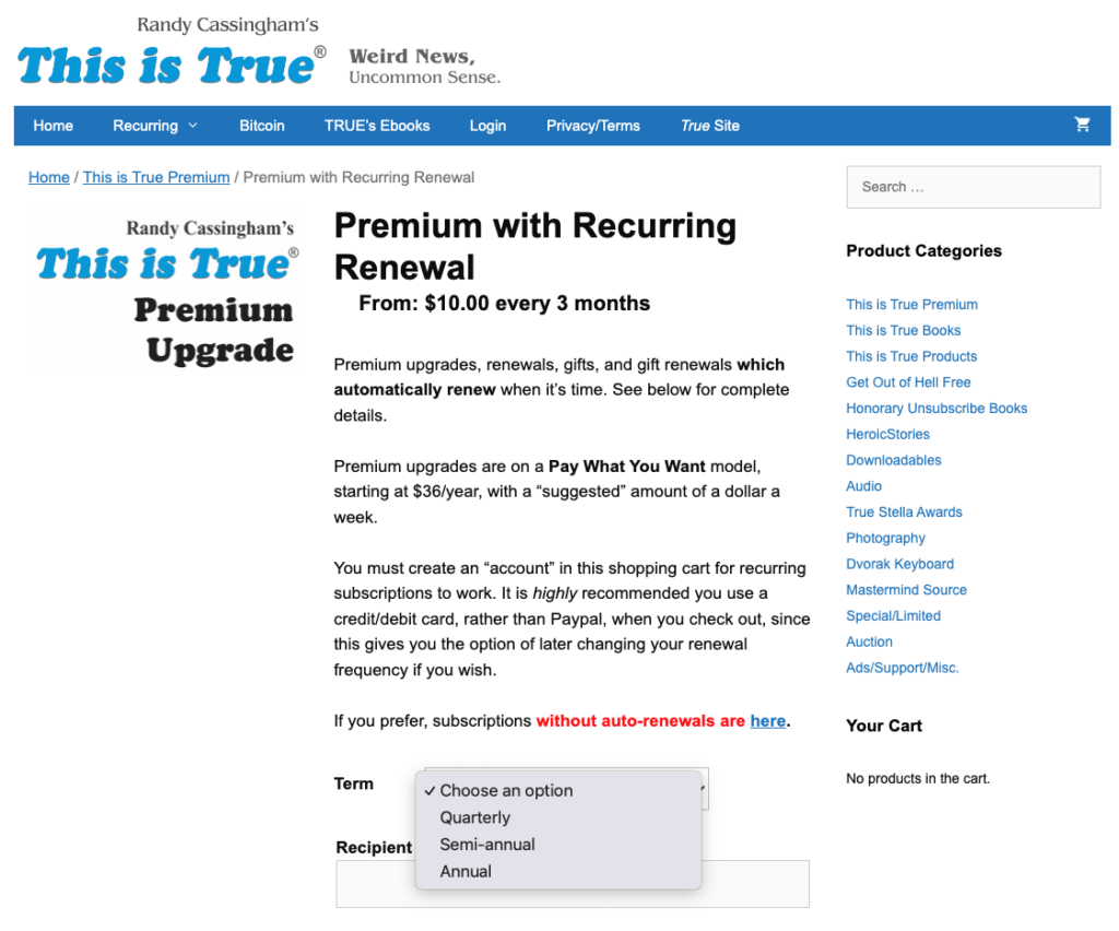 Subscription upgrade landing page from Randy Cassingham