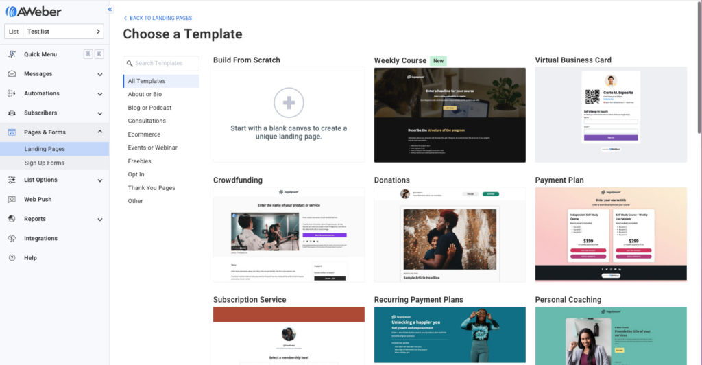Choose landing page template in AWeber