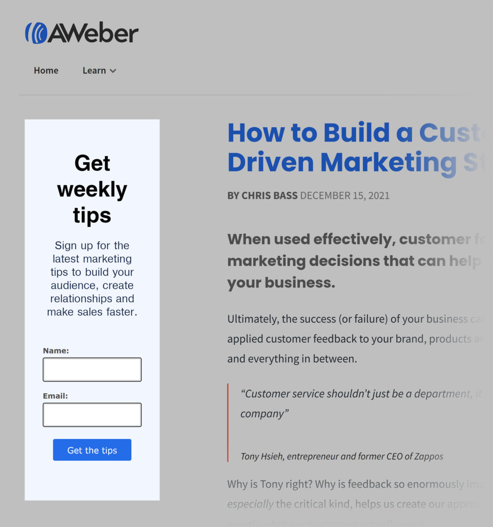 AWeber's newsletter sign up box.