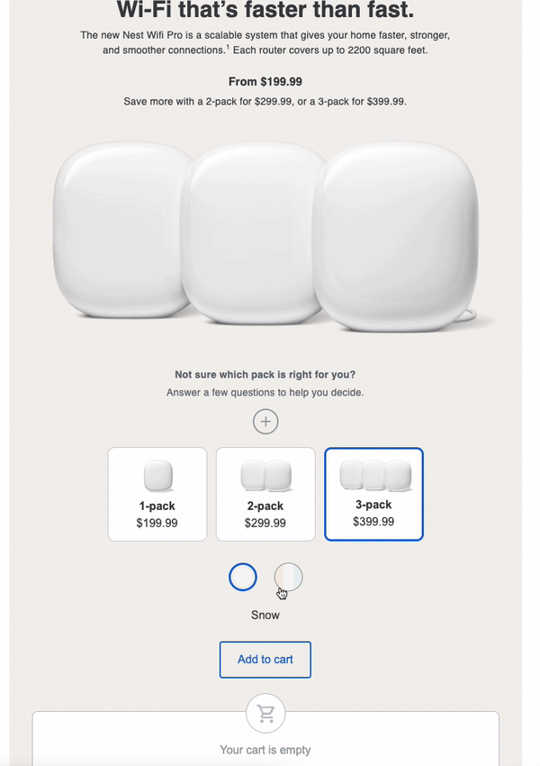 An example of AMP for Email that uses interactive images for different product packs.