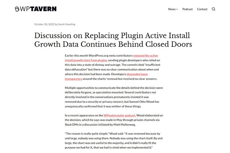 Example from Discussion on Replacing Plugin Active Install Growth Data Continues Behind Closed Doors