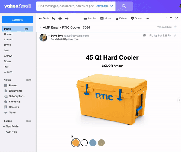 An example of an interactive ecommerce AMP element in an email.