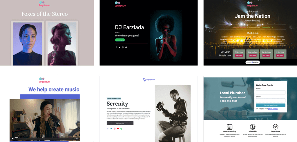 Six landing page examples.
