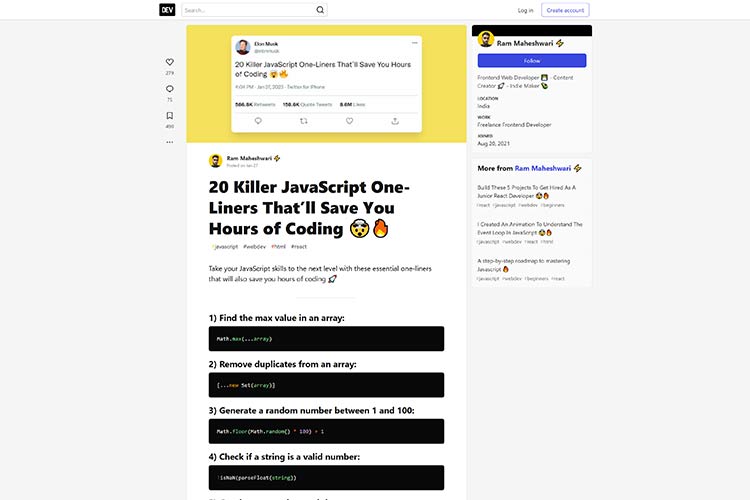Example from 20 Killer JavaScript One-Liners That&rsquo;ll Save You Hours of Coding
