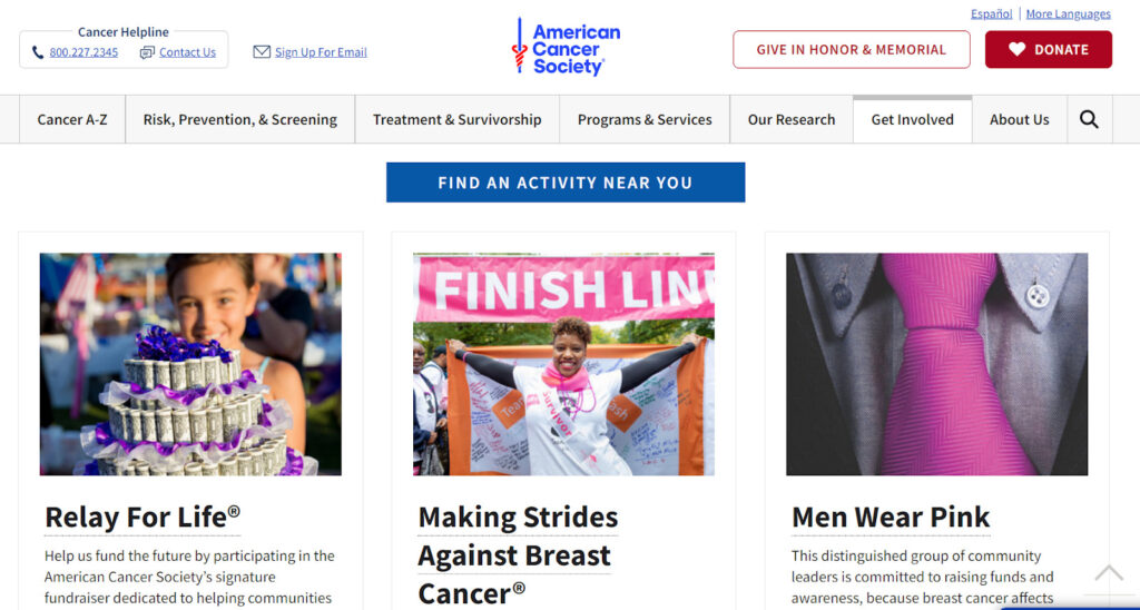 American Cancer Society landing page with ways to raise money for their nonprofit organization