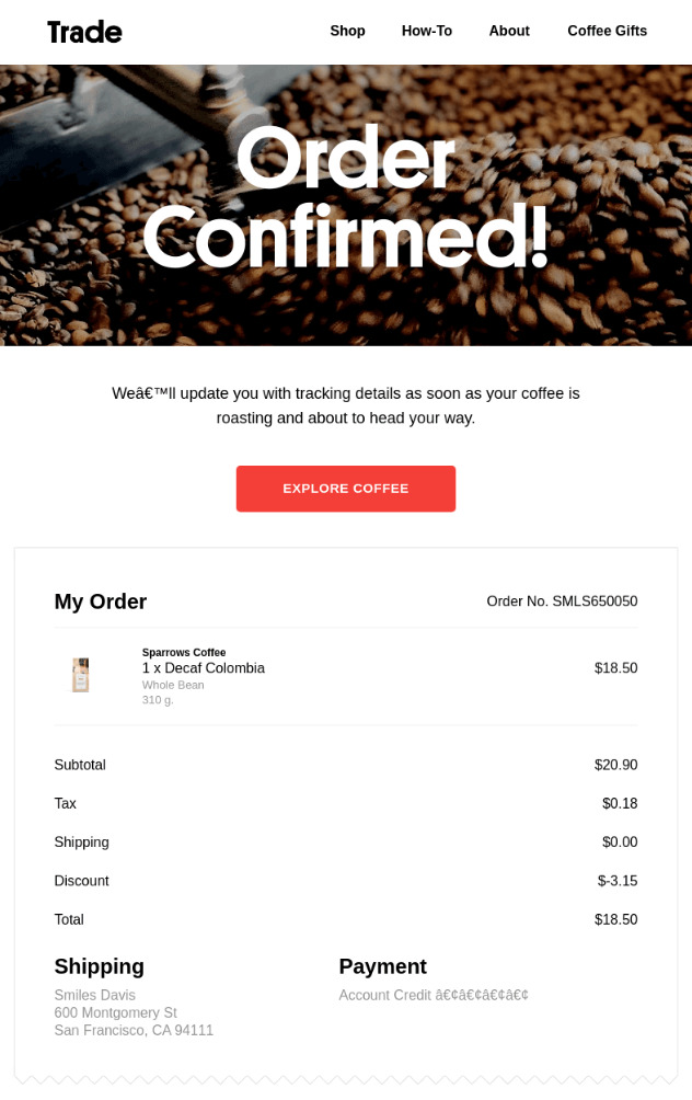Confirmation email example from Trade