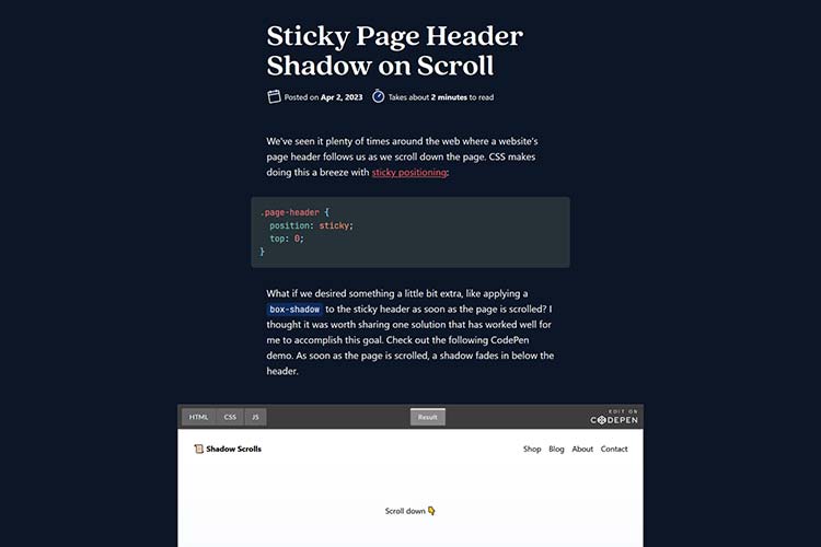 Sticky Page Header Shadow on Scroll