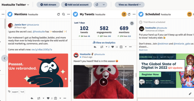 The Hootsuite dashboard showing streams set up for social listening, monitoring posts mentioning the Hootsuite brand