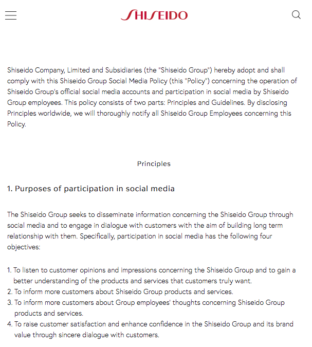 Shiseido purpose and guidelines for social media participation