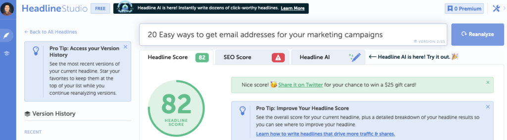 Headline studio score of 82 for optimized blog post title