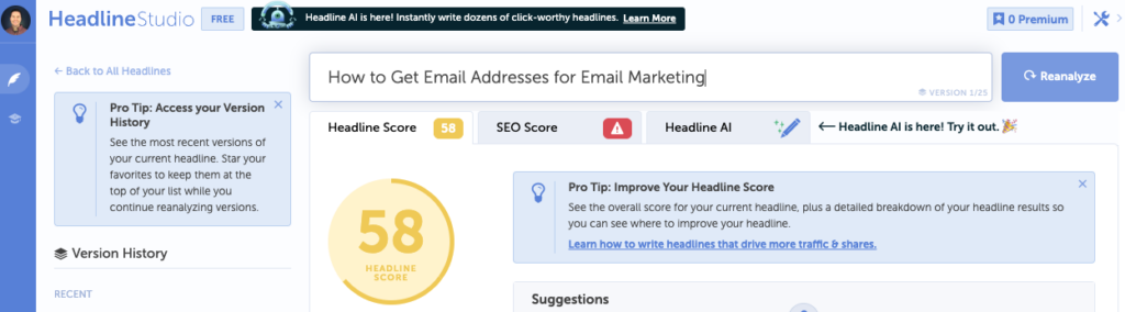 Headline studio blog post title score of 58