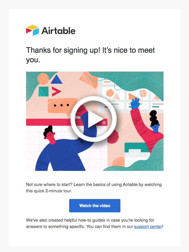Airtable getting started video embedded in their welcome email