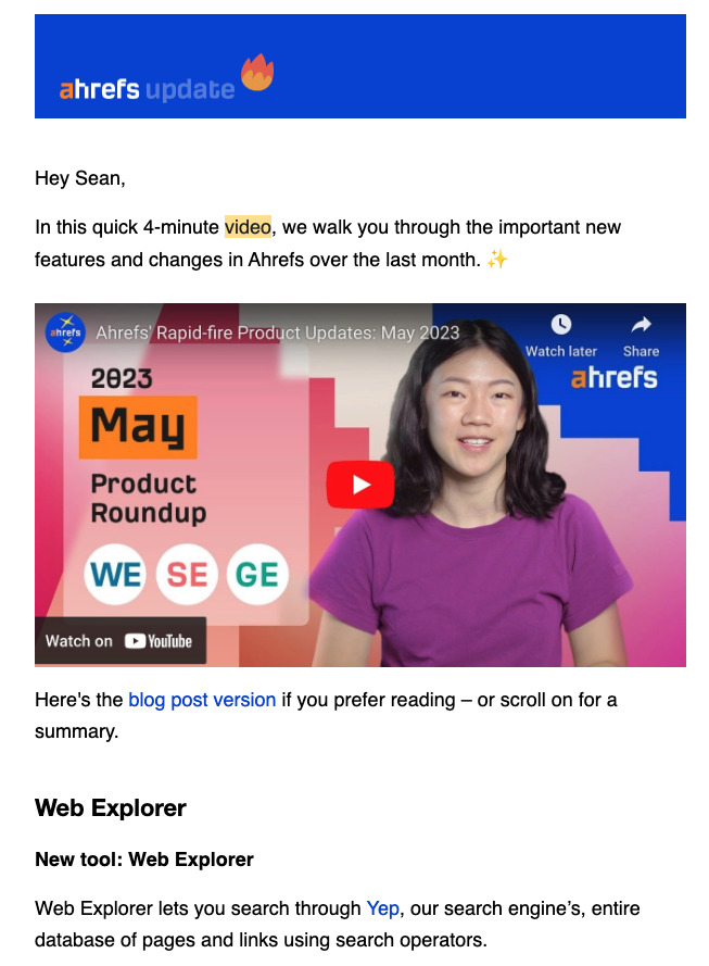 ahrefs monthly recap email with video
