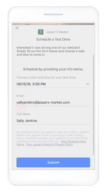 Facebook contact form schedule a test drive Jasper's Market