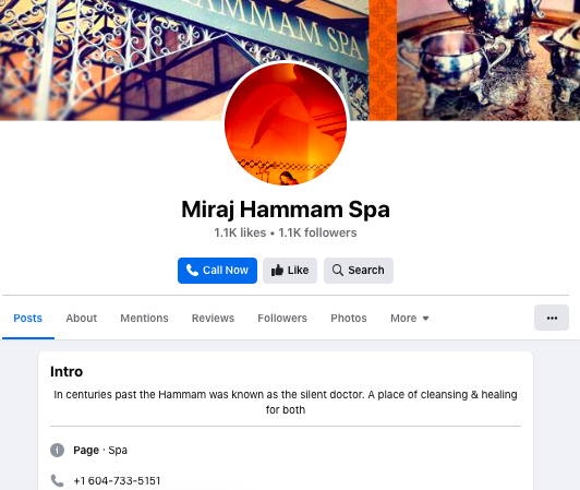 Miraj Hammam Spa business description on Facebook
