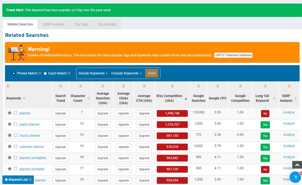 Image of ERank's keyword research dashboard, the best Etsy SEO tool