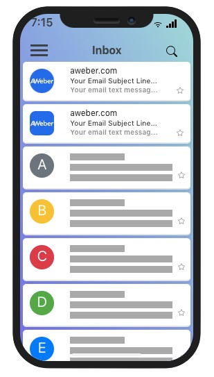 Inbox showing two AWeber emails, one with a round logo, the other with a rounded square logo