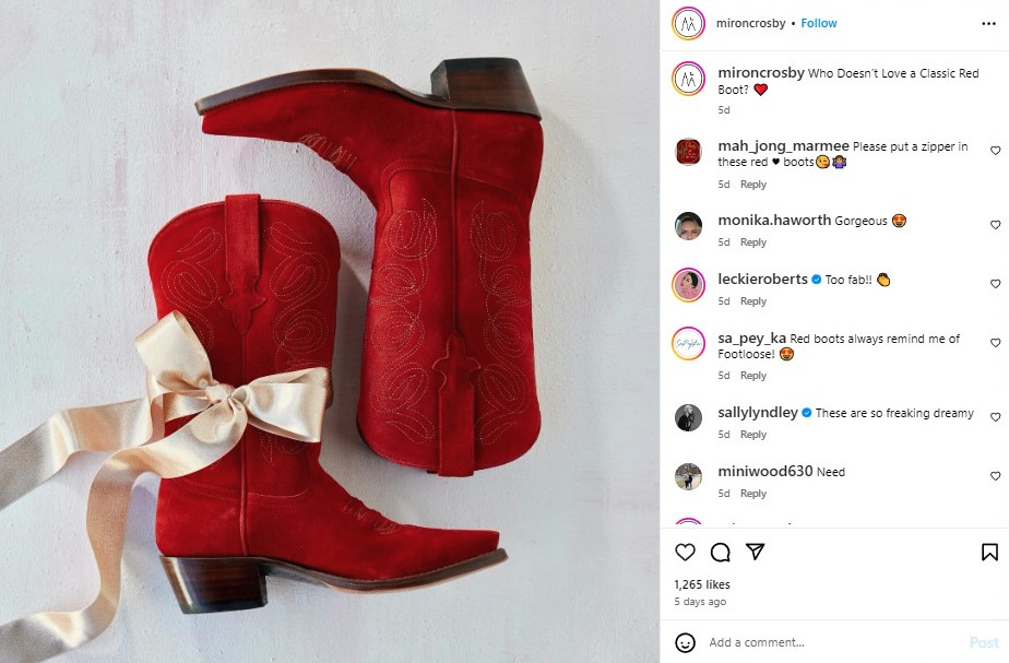 Example of Micron Crosby Boots using a simple caption rich in keywords paired with a stunning image of red boots, &ldquo;Who doesn&rsquo;t love a classic red boot?&rdquo;