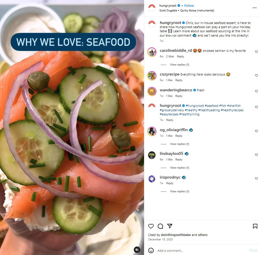 example of Hungryroot includes the keyword &ldquo;seafood&rdquo; several times in its Reels caption without sounding spammy
