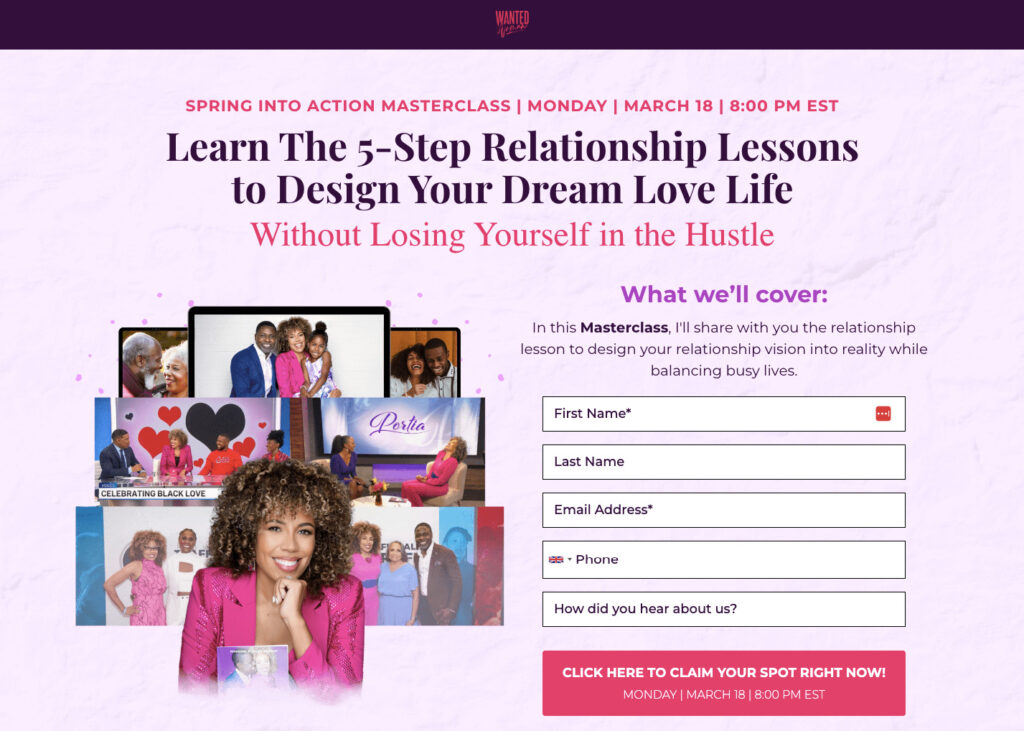 Webinar landing page for coach Wanted Women