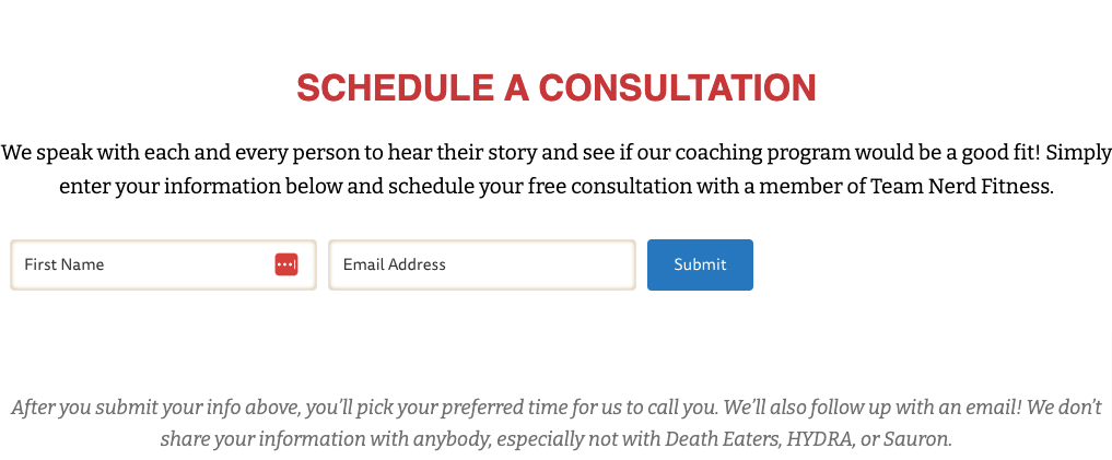 CTA on Nerd Fitness's landing page