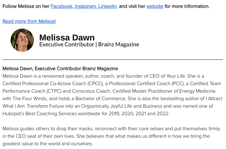 Melissa Dawn's about us section on Brainz Magazine's website