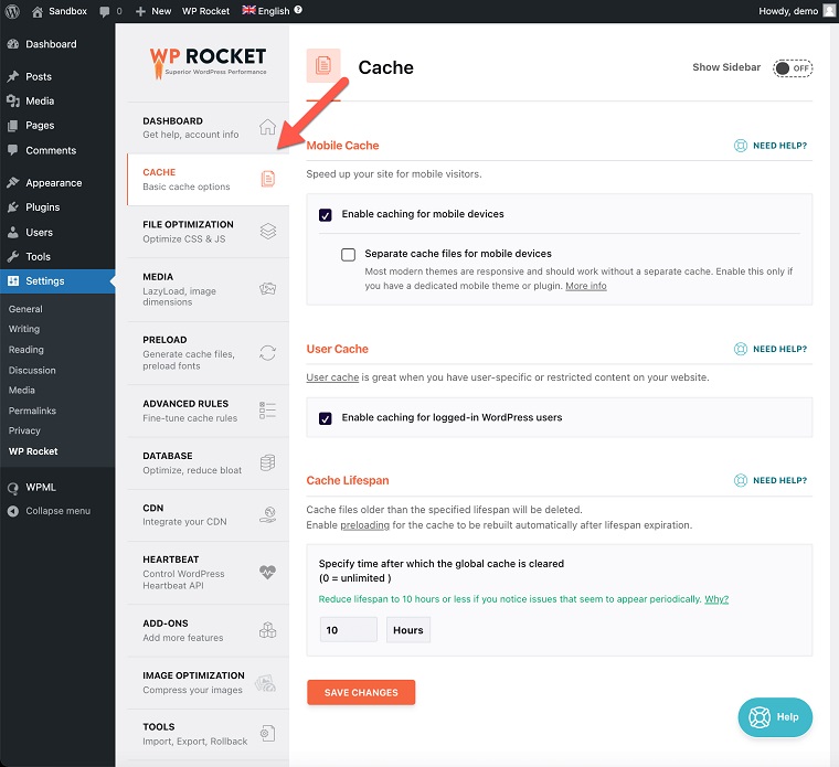 WP Rocket cache,