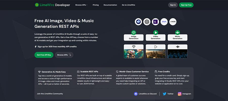 LimeWire Developer offers a suite of APIs for connecting to generative AI models.