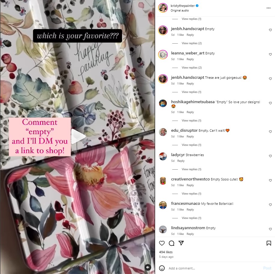 Kristy Rice uses text overlays to turn Instagram Reels videos into interactive content. &ldquo;Comment &lsquo;empty&rsquo; and I&rsquo;ll DM you a link to shop!&rdquo;