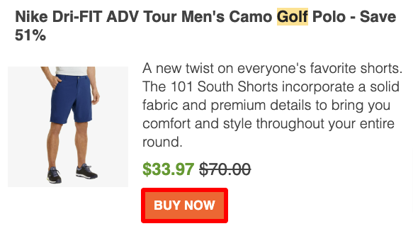 Promotion for Nike Dri-Fit Polo in an email with an affiliate line