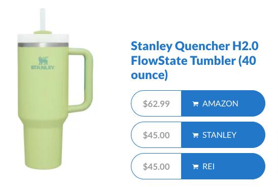 Showing different sites to purchase a Stanley Cup, all with affiliate links