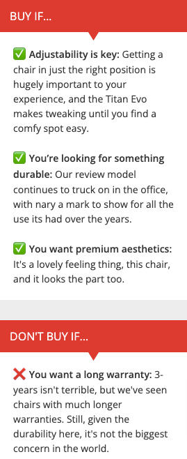 Example of a product description with a section for "buy if" and "don't buy if"