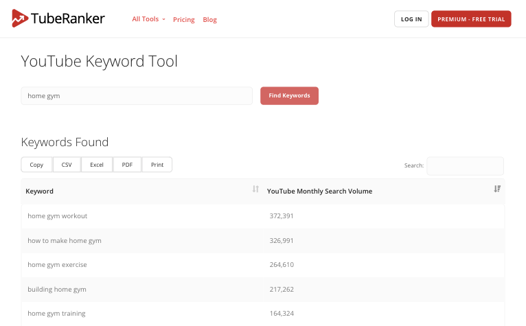 Screenshot of TubeRanker tool showing keywords for "home gym"