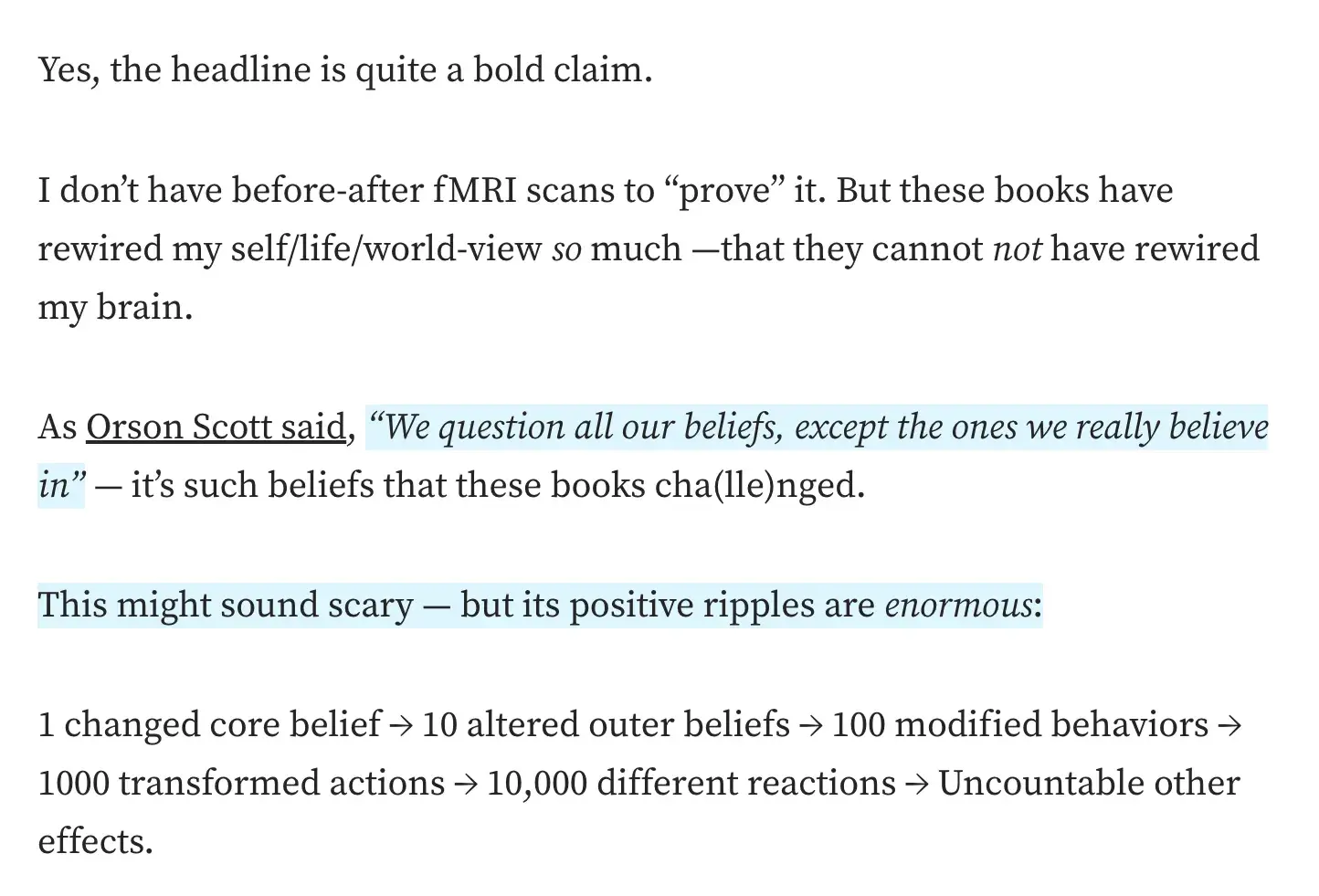 good intro sentence example - using quotes by famous people: &ldquo;we question all our beliefs, except the ones we really believe in&rdquo; - orson scott