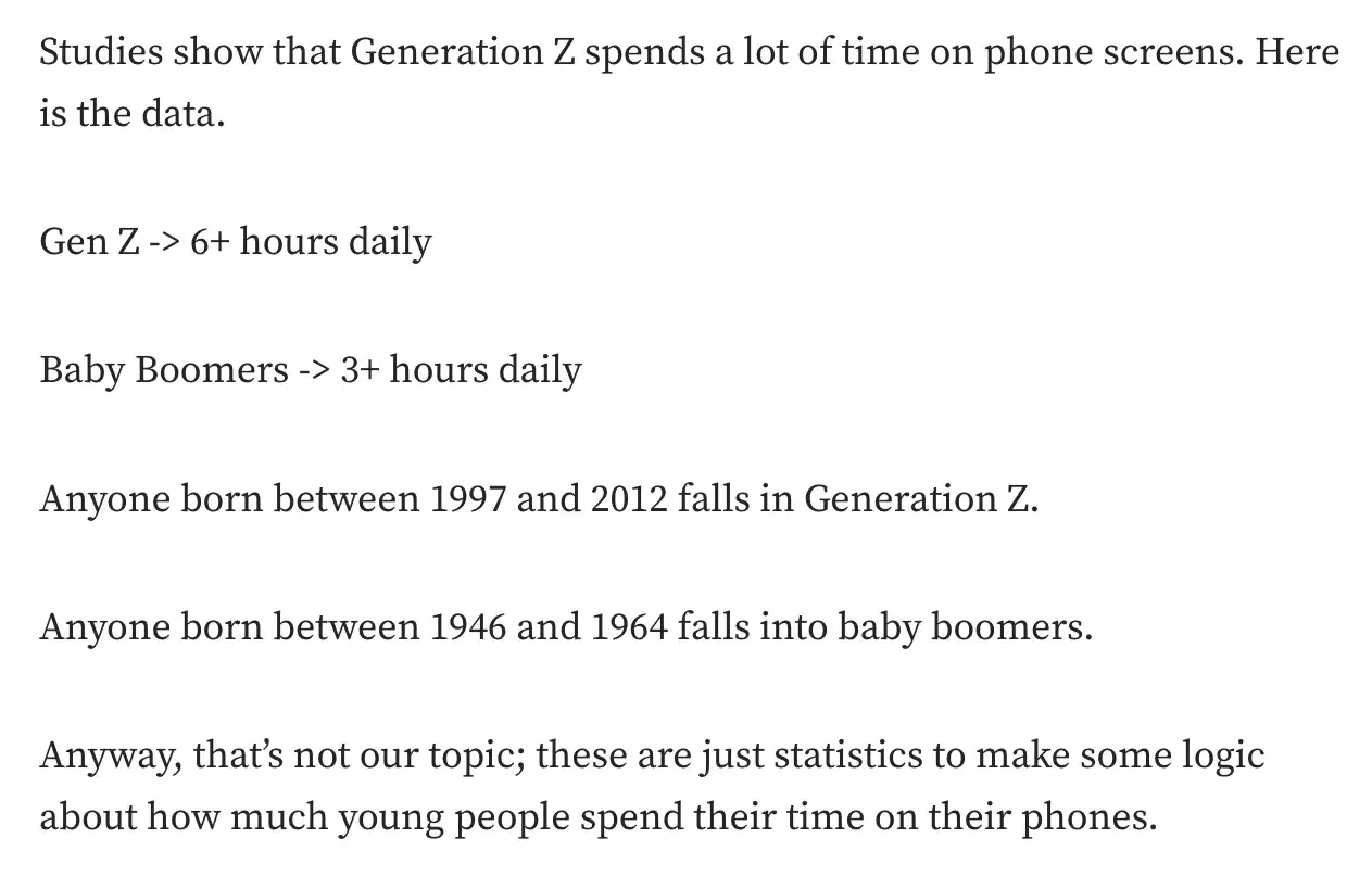  good intro sentence example - use shocking statistics: &ldquo;Gen Z spends 6+ hours on their phones daily and Baby Boomers 3+ hours daily.&rdquo;