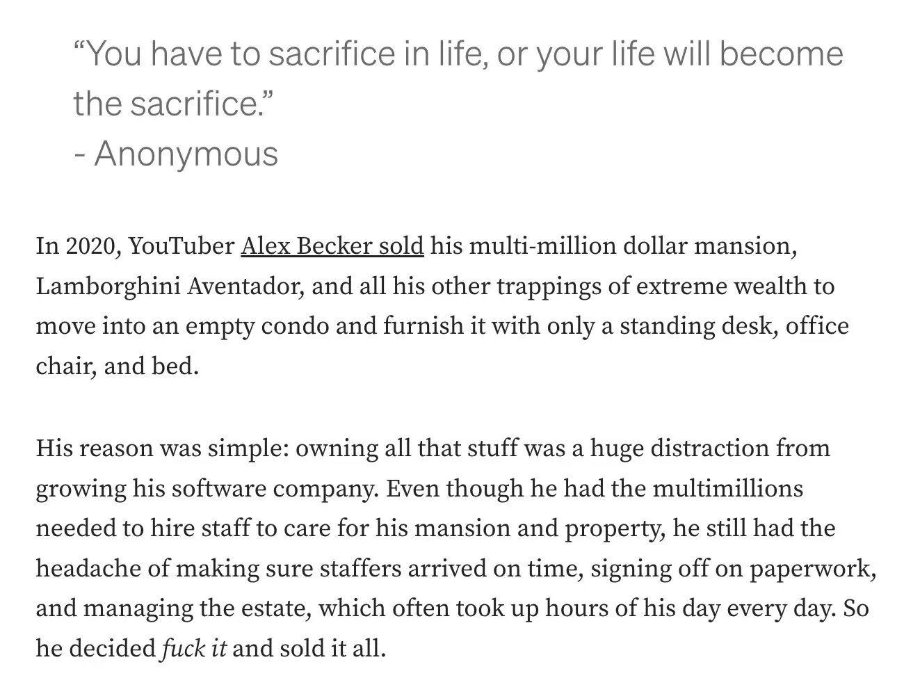 good intro sentence example - using quotes: &ldquo;you have to sacrifice in life, or you life will become the sacrifice.&rdquo; 