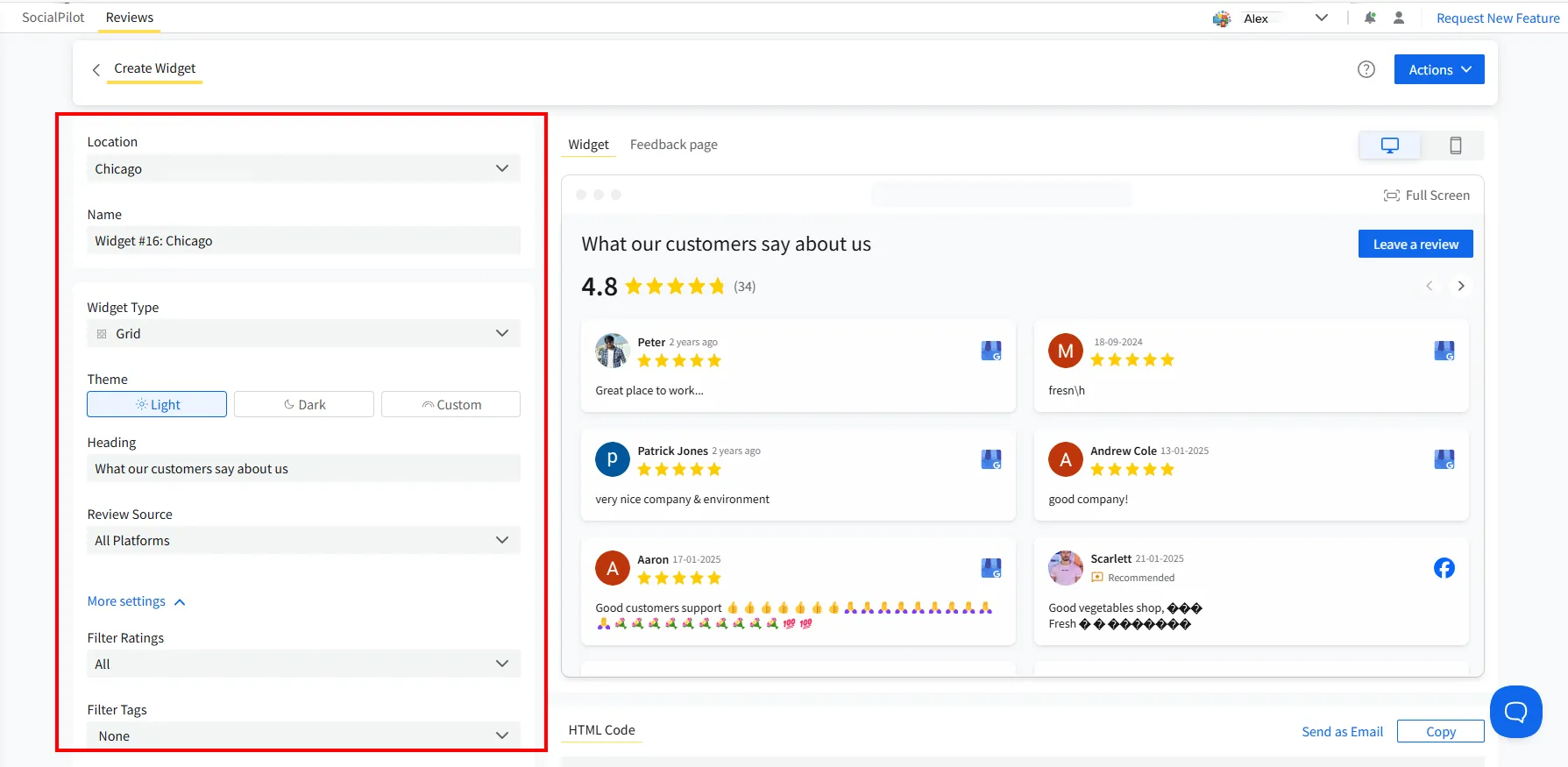 SocialPilot Reviews widget settings