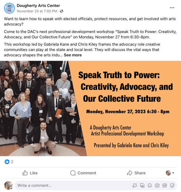 Dougherty Arts Center Facebook post professional development workshop Speak Truth to Power Creativity Advocacy and Our Collective Future