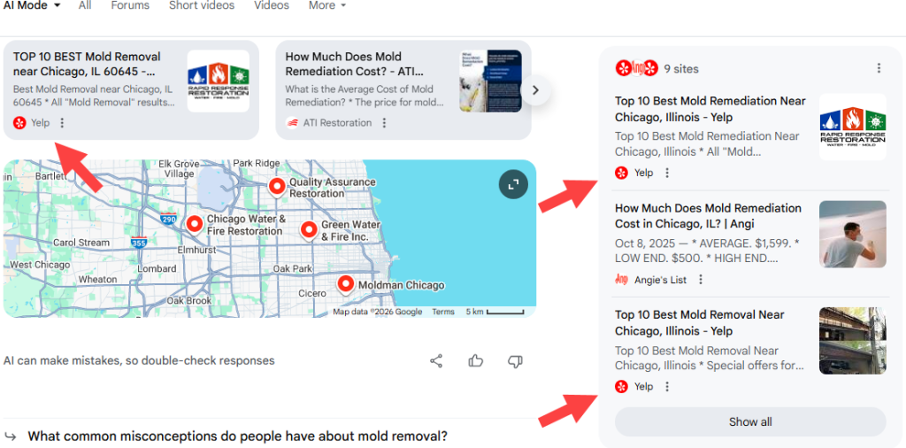 Yelp justification in Google AI Mode results