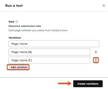 After clicking the test icon in the content editor, a dialog box is displayed. Three variation text input fields are shown. A box is placed around the delete variation icon next to a variation. A box is placed around the + Add variations text. An arrow points to the Create variations button.